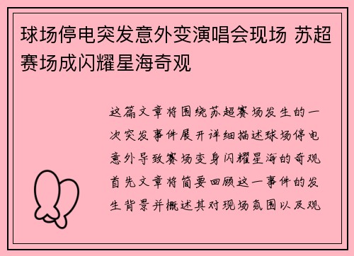 球场停电突发意外变演唱会现场 苏超赛场成闪耀星海奇观